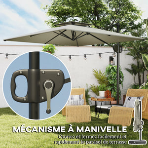 Parasol déporté carré 2,5 x 2,5 m, parasol de jardin extérieur avec manivelle, 2 bases incluses, toile polyester 200 g/m², double toit, 8 baleines, gris clair