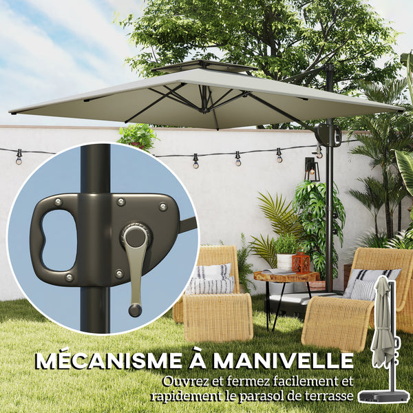 Parasol déporté carré 2,5 x 2,5 m, parasol de jardin extérieur avec manivelle, 2 bases incluses, toile polyester 200 g/m², double toit, 8 baleines, gris clair