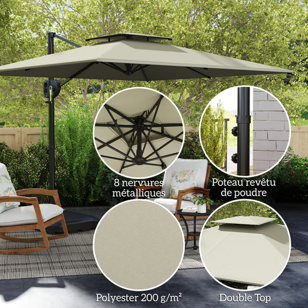 Parasol déporté carré 2,5 x 2,5 m, parasol de jardin extérieur avec manivelle, 2 bases incluses, toile polyester 200 g/m², double toit, 8 baleines, gris clair
