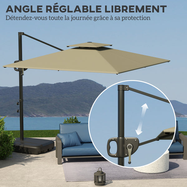Parasol déporté carré 2,5 x 2,5 m, parasol de jardin extérieur avec manivelle, 2 bases incluses, toile polyester 200 g/m², double toit, 8 baleines, gris clair