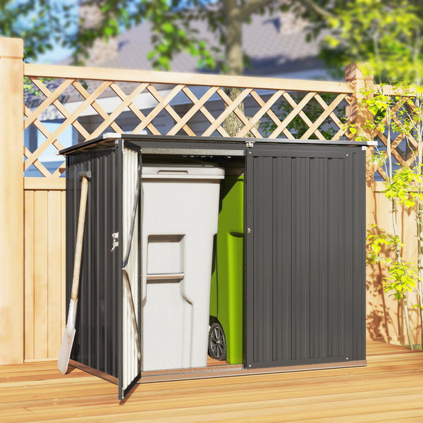 Cache Poubelle Extérieur 1,2 m², 150x80x117cm, Abri de Jardin en Acier Galvanisé pour 2 Poubelles, Double Porte à Serrures, Couvercle Relevable à Charnière, Rangement pour Vélo, Outils