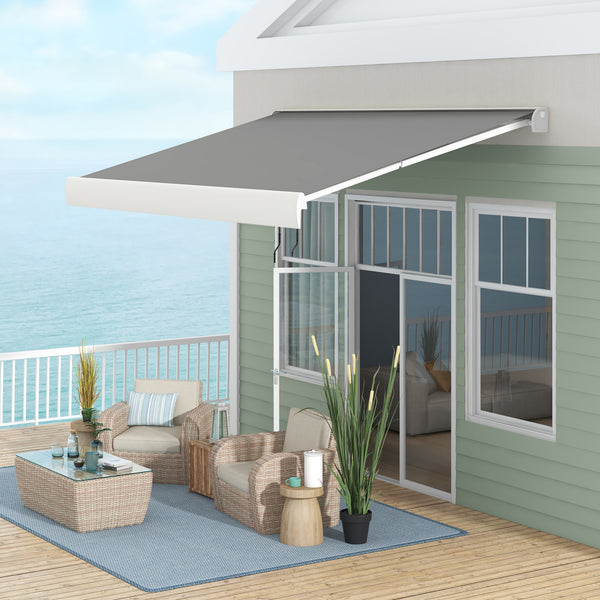 Store banne motorisé, store banne électrique, 4 x 3 m, angle réglable 14°-30°, avec télécommande et manivelle manuelle, en aluminium et polyester de 270g/m² protection solaire, gris clair