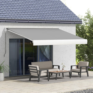 Store banne motorisé, store banne électrique, 4 x 3 m, angle réglable 14°-30°, avec télécommande et manivelle manuelle, en aluminium et polyester de 270g/m² protection solaire, gris clair