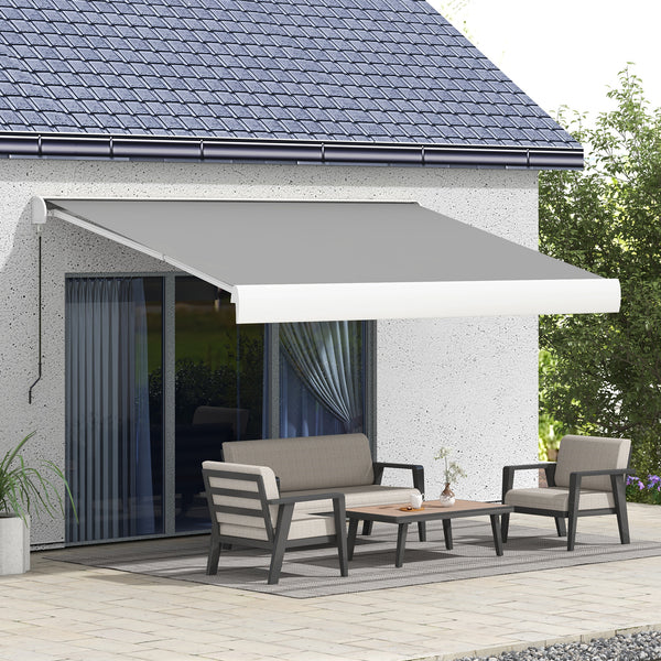 Store banne motorisé, store banne électrique, 4 x 3 m, angle réglable 14°-30°, avec télécommande et manivelle manuelle, en aluminium et polyester de 270g/m² protection solaire, gris clair