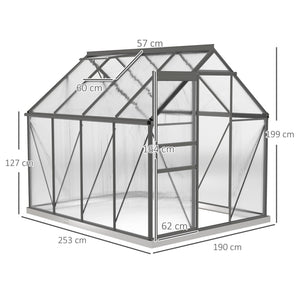 Serre de Jardin 4,8 m² en Aluminium Polycarbonate avec Fondation, 190 x 253 x 199 cm, Serre avec Fenêtre Réglable et Porte Coulissante, Abri Extérieur Résistant aux Intempéries, Gris Foncé