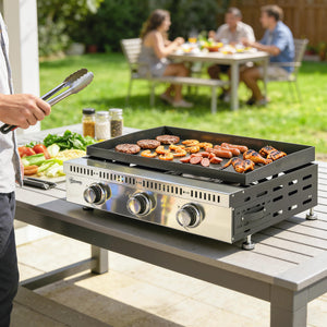 Plancha gaz 9 kW 3 brûleurs en acier inoxydable, surface cuisson 56,5 x 33 cm avec bac de récupération des graisses, propane/butane/GPL, portable pour camping, pique-nique et terrasse, noir