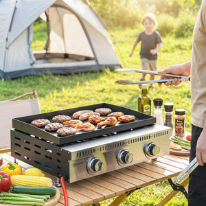 Plancha gaz 9 kW 3 brûleurs en acier inoxydable, surface cuisson 56,5 x 33 cm avec bac de récupération des graisses, propane/butane/GPL, portable pour camping, pique-nique et terrasse, noir