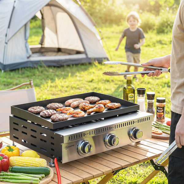 Plancha gaz 9 kW 3 brûleurs en acier inoxydable, surface cuisson 56,5 x 33 cm avec bac de récupération des graisses, propane/butane/GPL, portable pour camping, pique-nique et terrasse, noir