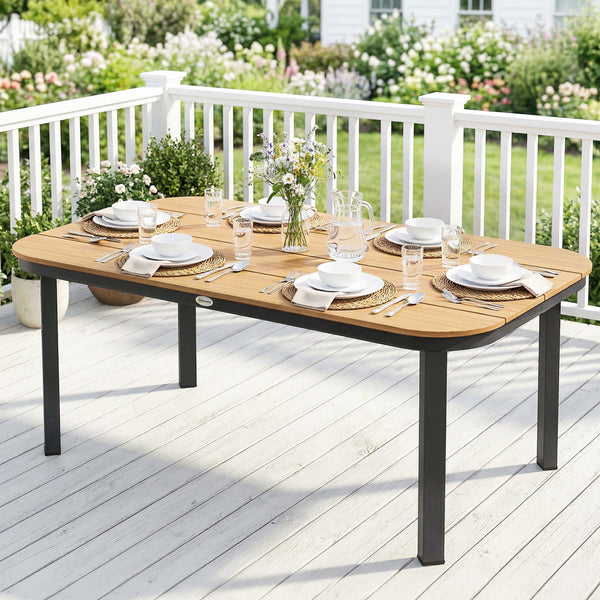Table de Jardin Rectangulaire pour 4-6 Personnes, Plateau en WPC à Lattes, Bords Arrondis, Structure en Métal, Table à Manger de Jardin pour Balcon Terrasse, 155x88x72cm, Naturel