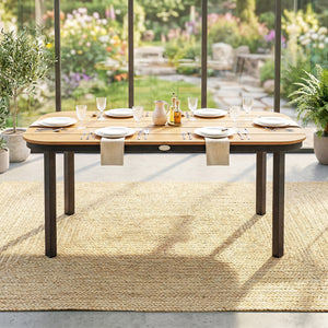 Table de Jardin Rectangulaire pour 4-6 Personnes, Plateau en WPC à Lattes, Bords Arrondis, Structure en Métal, Table à Manger de Jardin pour Balcon Terrasse, 155x88x72cm, Naturel