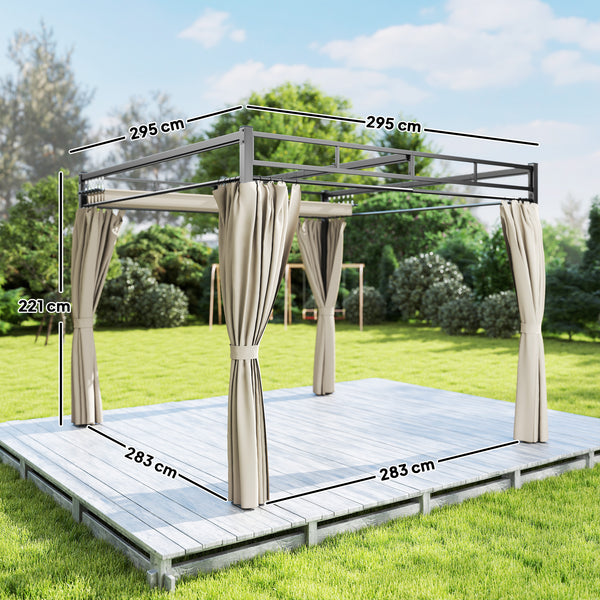 Pergola de Jardin 3x3m avec Toit Rétractable - Tonnelle de Jardin Extérieur Acier Renforcé avec 4 Rideaux - Pavillon Colonnes 60mm et Protection UV30+ pour Terrasse et Cour, Beige