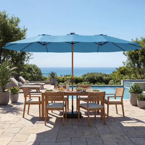 Parasol de jardin double 5 x 3 m, parasol de jardin extérieur avec base incluse, manivelle, polyester 180g/m², protection UV, pour patio, terrasse, bleu