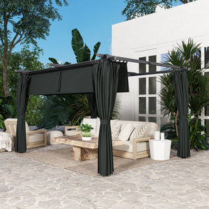 Pergola 4 x 3 m avec Auvent Rétractable et Rideaux, Tonnelle Extérieure UPF30+ pour Jardin, Patio, Terrasse, Gris foncé