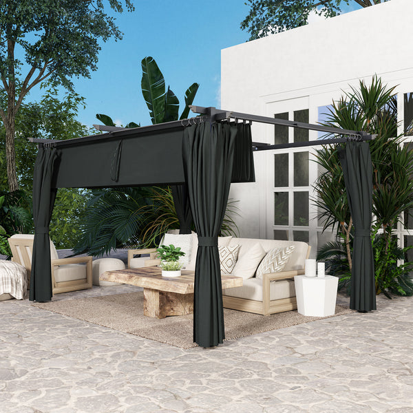 Pergola 4 x 3 m avec Auvent Rétractable et Rideaux, Tonnelle Extérieure UPF30+ pour Jardin, Patio, Terrasse, Gris foncé