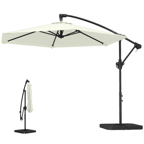 Parasol déporté 3 m avec pied en croix et dalles lestage, parasol de jardin extérieur avec manivelle et loquet de verrouillage, toile polyester 180 g/m², protection UV 30+, crème