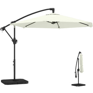 Parasol déporté 3 m avec pied en croix et dalles lestage, parasol de jardin extérieur avec manivelle et loquet de verrouillage, toile polyester 180 g/m², protection UV 30+, crème