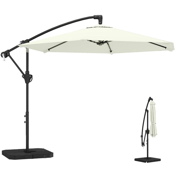 Parasol déporté 3 m avec pied en croix et dalles lestage, parasol de jardin extérieur avec manivelle et loquet de verrouillage, toile polyester 180 g/m², protection UV 30+, crème