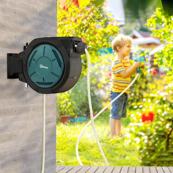 Enrouleur Tuyau Arrosage Mural 25 m x Ø 15 mm, Dévidoir Automatique de Tuyaux d'Eau Rétractable Automatique Pivotant à 180°, Buse à 7 Modes, pour Jardin et Lavage de Voiture, Noir