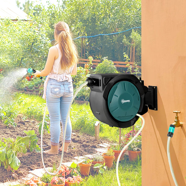 Enrouleur Tuyau Arrosage Mural 25 m x Ø 15 mm, Dévidoir Automatique de Tuyaux d'Eau Rétractable Automatique Pivotant à 180°, Buse à 7 Modes, pour Jardin et Lavage de Voiture, Noir