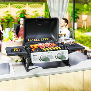 Barbecue gaz de table transportable, 2 brûleurs 5,6 kW, barbecue gaz de camping avec grille de cuisson, étagères latérales, couvercle, thermomètre, pour camping, jardin et balcon, noir