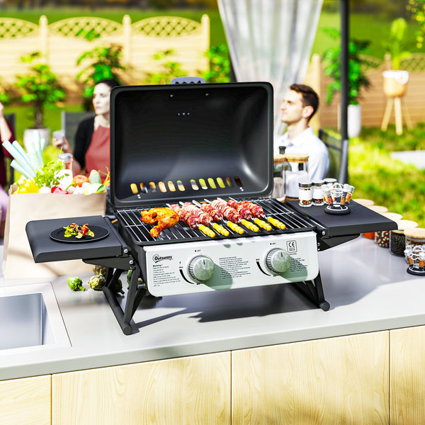 Barbecue gaz de table transportable, 2 brûleurs 5,6 kW, barbecue gaz de camping avec grille de cuisson, étagères latérales, couvercle, thermomètre, pour camping, jardin et balcon, noir