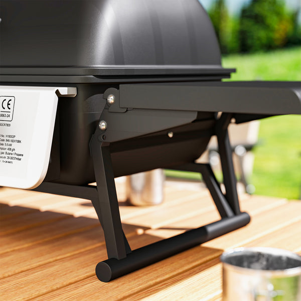 Barbecue gaz de table transportable, 2 brûleurs 5,6 kW, barbecue gaz de camping avec grille de cuisson, étagères latérales, couvercle, thermomètre, pour camping, jardin et balcon, noir