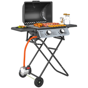 Barbecue gaz transportable pliable, 2 brûleurs 5,6 kW barbecue gaz de camping avec grille de cuisson, étagères latérales, couvercle, thermomètre et roues, pour camping, jardin et balcon noir