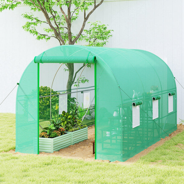 Serre tunnel de jardin 8m², serre de jardin tunnel 400x200x200cm avec porte et 6 fenêtres, pour extérieur, toutes saisons, légumes, fruits, fleurs, bâche PE haute densité 140 g/m² vert