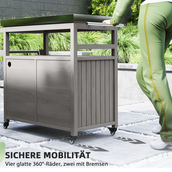 Chariot de barbecue 3 niveaux avec plan de travail et étagère à serviettes, table de grill en bois, desserte de barbecue, chariot extérieur, grille barbecue au charbon de bois pour jardin, terrasse 109x50x92,5cm Gris