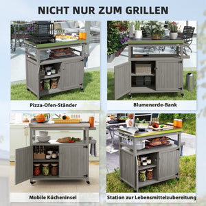 Chariot de barbecue 3 niveaux avec plan de travail et étagère à serviettes, table de grill en bois, desserte de barbecue, chariot extérieur, grille barbecue au charbon de bois pour jardin, terrasse 109x50x92,5cm Gris