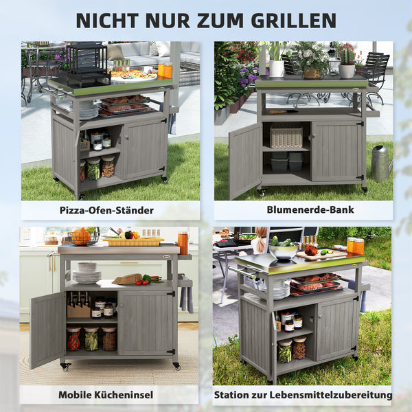 Chariot de barbecue 3 niveaux avec plan de travail et étagère à serviettes, table de grill en bois, desserte de barbecue, chariot extérieur, grille barbecue au charbon de bois pour jardin, terrasse 109x50x92,5cm Gris