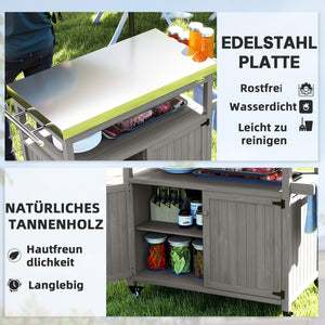 Chariot de barbecue 3 niveaux avec plan de travail et étagère à serviettes, table de grill en bois, desserte de barbecue, chariot extérieur, grille barbecue au charbon de bois pour jardin, terrasse 109x50x92,5cm Gris