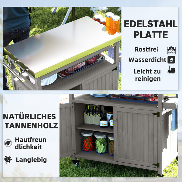 Chariot de barbecue 3 niveaux avec plan de travail et étagère à serviettes, table de grill en bois, desserte de barbecue, chariot extérieur, grille barbecue au charbon de bois pour jardin, terrasse 109x50x92,5cm Gris