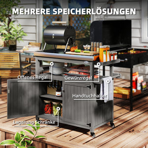 Chariot de barbecue 3 niveaux avec plan de travail et étagère à serviettes, table de grill en bois, desserte de barbecue, chariot extérieur, grille barbecue au charbon de bois pour jardin, terrasse 109x50x92,5cm Gris