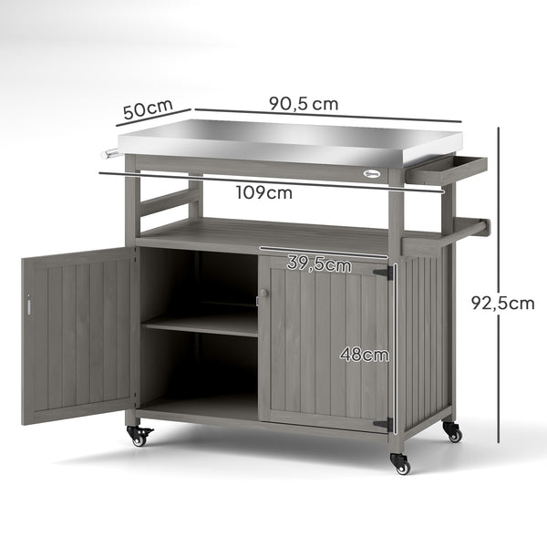 Chariot de barbecue 3 niveaux avec plan de travail et étagère à serviettes, table de grill en bois, desserte de barbecue, chariot extérieur, grille barbecue au charbon de bois pour jardin, terrasse 109x50x92,5cm Gris