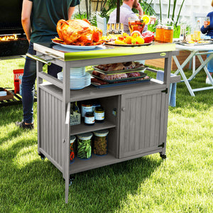 Chariot de barbecue 3 niveaux avec plan de travail et étagère à serviettes, table de grill en bois, desserte de barbecue, chariot extérieur, grille barbecue au charbon de bois pour jardin, terrasse 109x50x92,5cm Gris