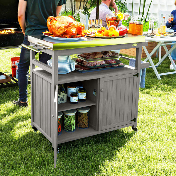 Chariot de barbecue 3 niveaux avec plan de travail et étagère à serviettes, table de grill en bois, desserte de barbecue, chariot extérieur, grille barbecue au charbon de bois pour jardin, terrasse 109x50x92,5cm Gris