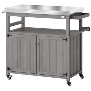 Chariot de barbecue 3 niveaux avec plan de travail et étagère à serviettes, table de grill en bois, desserte de barbecue, chariot extérieur, grille barbecue au charbon de bois pour jardin, terrasse 109x50x92,5cm Gris