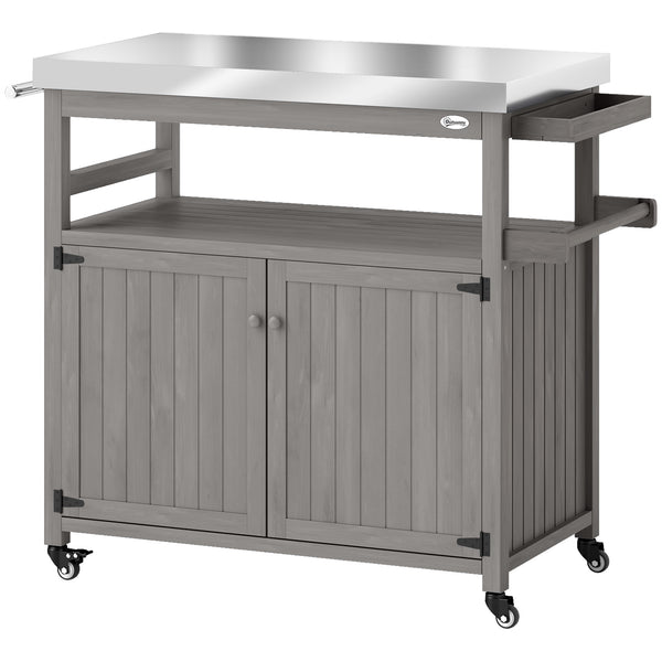 Chariot de barbecue 3 niveaux avec plan de travail et étagère à serviettes, table de grill en bois, desserte de barbecue, chariot extérieur, grille barbecue au charbon de bois pour jardin, terrasse 109x50x92,5cm Gris