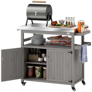 Chariot de barbecue 3 niveaux avec plan de travail et étagère à serviettes, table de grill en bois, desserte de barbecue, chariot extérieur, grille barbecue au charbon de bois pour jardin, terrasse 109x50x92,5cm Gris