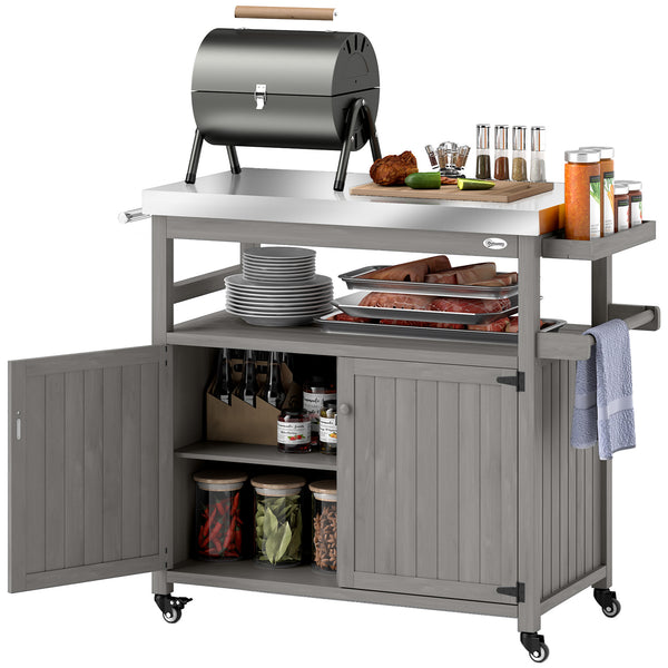Chariot de barbecue 3 niveaux avec plan de travail et étagère à serviettes, table de grill en bois, desserte de barbecue, chariot extérieur, grille barbecue au charbon de bois pour jardin, terrasse 109x50x92,5cm Gris