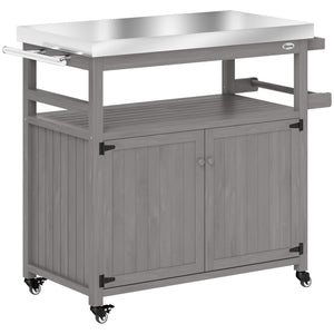 Chariot de barbecue 3 niveaux avec plan de travail et étagère à serviettes, table de grill en bois, desserte de barbecue, chariot extérieur, grille barbecue au charbon de bois pour jardin, terrasse 109x50x92,5cm Gris