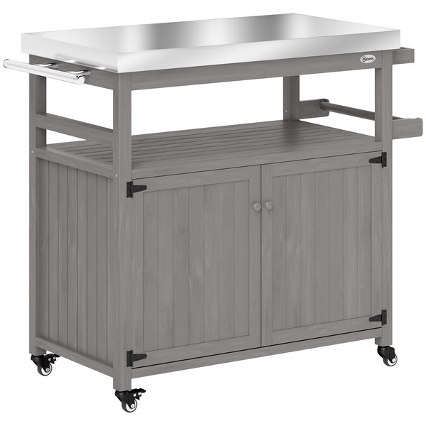 Chariot de barbecue 3 niveaux avec plan de travail et étagère à serviettes, table de grill en bois, desserte de barbecue, chariot extérieur, grille barbecue au charbon de bois pour jardin, terrasse 109x50x92,5cm Gris