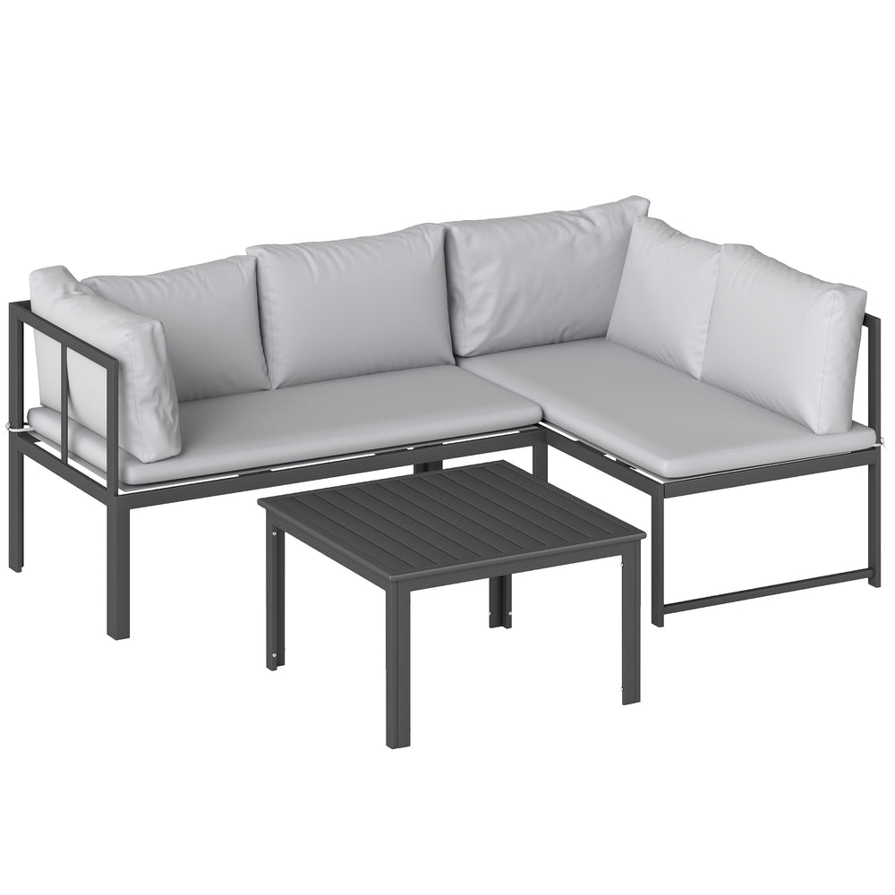 Salon de Jardin 3 Pièces en Métal avec Table Basse à Lattes, Coussins, Accoudoirs Réglables, Canapé d'Angle 4 Places pour Terrasse, Mobilier d'Extérieur, Gris