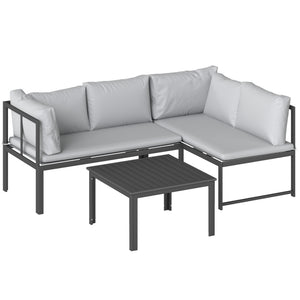 Salon de Jardin 3 Pièces en Métal avec Table Basse à Lattes, Coussins, Accoudoirs Réglables, Canapé d'Angle 4 Places pour Terrasse, Mobilier d'Extérieur, Gris