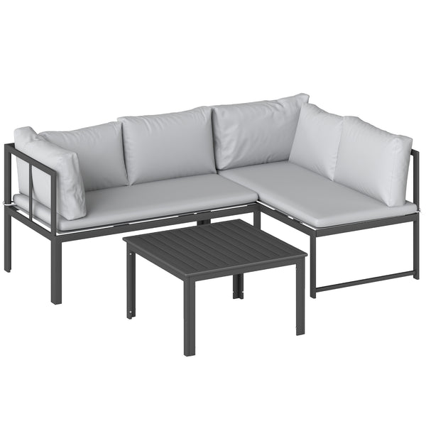 Salon de Jardin 3 Pièces en Métal avec Table Basse à Lattes, Coussins, Accoudoirs Réglables, Canapé d'Angle 4 Places pour Terrasse, Mobilier d'Extérieur, Gris