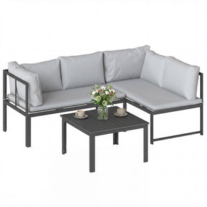 Salon de Jardin 3 Pièces en Métal avec Table Basse à Lattes, Coussins, Accoudoirs Réglables, Canapé d'Angle 4 Places pour Terrasse, Mobilier d'Extérieur, Gris