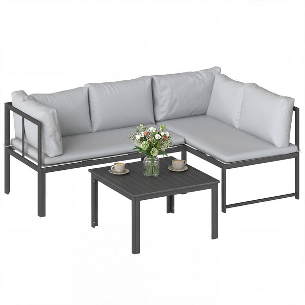 Salon de Jardin 3 Pièces en Métal avec Table Basse à Lattes, Coussins, Accoudoirs Réglables, Canapé d'Angle 4 Places pour Terrasse, Mobilier d'Extérieur, Gris