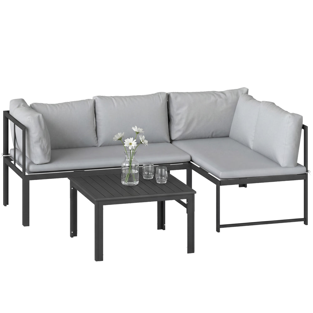 Salon de Jardin 3 Pièces en Métal avec Table Basse à Lattes, Coussins, Accoudoirs Réglables, Canapé d'Angle 4 Places pour Terrasse, Mobilier d'Extérieur, Gris