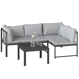 Salon de Jardin 3 Pièces en Métal avec Table Basse à Lattes, Coussins, Accoudoirs Réglables, Canapé d'Angle 4 Places pour Terrasse, Mobilier d'Extérieur, Gris